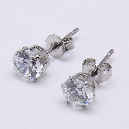 Honeyhandy Cubic Zirconia Ear Studs, with 304 Stainless Steel Base, Flat Round, Stainless Steel Color, 5mm, Pin: 0.7mm