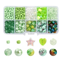 DIY Beads Jewelry Making Finding Kit, Including Imitation Gemstone & Pearl & Crackle & Star & Heart & Round Acrylic & Glass Beads, Green, 4~10x3~8.5mm, Hole: 1~2mm, 708Pcs/box