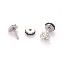 Honeyhandy 304 Stainless Steel Heart Earlobe Plugs, Screw Back Earrings, with Polymer Clay Rhinestone, Stainless Steel Color, 7x7mm, Pin: 1mm