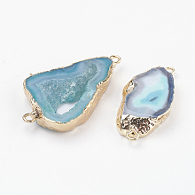 Honeyhandy Electroplate Natural Druzy Geode Quartz Crystal Links connectors, with Brass Findings, Nuggets, Golden, Turquoise, 22~45x10~35x4~5.5mm, Hole: 2mm