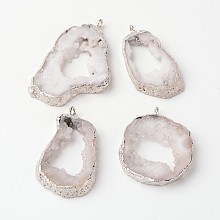 Honeyhandy Natural Geode Agate Druzy Slice Pendants, Nuggets, with Brass Findings, Silver, 18~48x28~70x6~9mm, Hole: 2mm