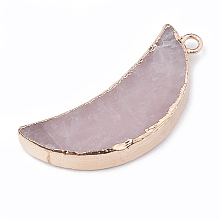 Honeyhandy Electroplate Natural Rose Quartz Pendants, with Metal Findings, Moon, 45~46x20x4~7mm, Hole: 3mm