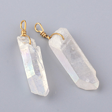 Honeyhandy Electroplate Natural Quartz Pendants, with Brass Findings, Clear, 35~50x8~13x6~11mm, Hole: 3mm