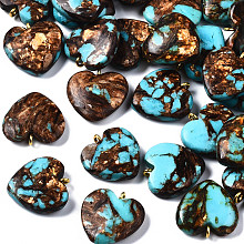 Honeyhandy Assembled Bronzite and Synthetic Turquoise Pendants, with Iron Findings, Heart, Golden, 20~22x19~20x5~7mm, Hole: 2mm