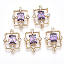 Honeyhandy Golden Tone Brass Links connectors, with Faceted Glass and Rhinestone, Rectangle, Violet, 19x13.5x3.5mm, Hole: 1mm