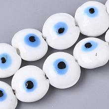 Honeyhandy Handmade Evil Eye Lampwork Beads Strands, Flat Round, White, 16~17x8~9mm, Hole: 1.8mm, about 24pcs/strand, 12.60''(32cm)