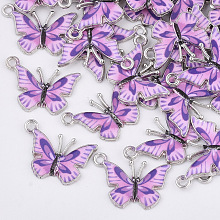 Honeyhandy Printed Alloy Pendants, with Enamel, Butterfly, Platinum, Violet, 14x20.5x1.5mm, Hole: 1.6mm