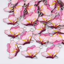 Honeyhandy Printed Alloy Pendants, with Enamel, Butterfly, Platinum, Pink, 24.5x16x2mm, Hole: 2mm