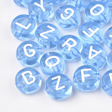 Honeyhandy Transparent Acrylic Beads, Horizontal Hole, Mixed Letters, Flat Round, Cornflower Blue, 7x4mm, Hole: 1.5mm, about 370pcs/50g