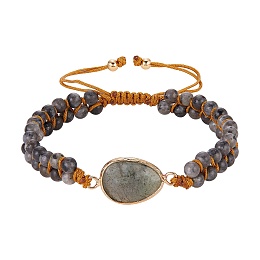 Honeyhandy Natural Labradorite Teardrop Link Braided Bead Bracelet, Double Line Gemstone Adjustable Bracelet for Women, Inner Diameter: 2-1/8~3-3/8 inch(5.4~8.6cm)