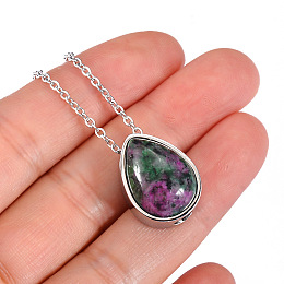 Honeyhandy Natural Ruby in Zoisite Teardrop Urn Ashes Pendant Necklace, Stainless Steel Memorial Jewelry for Women, Stainless Steel Color, 19.69 inch(50cm)