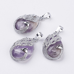 Honeyhandy Natural Amethyst Pendants, with Brass Finding, Teardrop with Peacock, Platinum, 33x20x10.5mm, Hole: 5x6.5mm