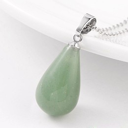 Honeyhandy Teardrop Platinum Tone Brass Green Aventurine Pendants, 24~26x13mm, Hole: 5x8mm