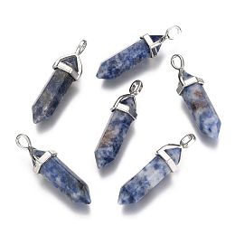 Honeyhandy Natural Blue Spot Jasper Double Terminated Pointed Pendants, with Random Alloy Pendant Hexagon Bead Cap Bails, Bullet, Platinum, 36~45x12mm, Hole: 3x5mm, Gemstone: 10mm in diameter