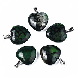 Honeyhandy Natural Dragon Veins Agate Pendants, with Stainless Steel Snap On Bails, Heart, Stainless Steel Color, Green, 22~23x19~20x5~6mm, Hole: 3x5mm