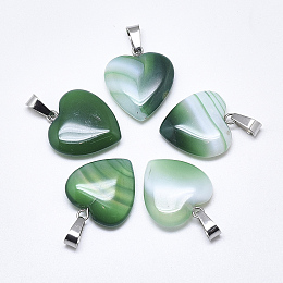 Honeyhandy Natural Banded Agate/Striped Agate Pendants, Dyed, with Stainless Steel Snap On Bails, Heart, Stainless Steel Color, Green, 22~24x20~21x5~7mm, Hole: 3~4x7~8.5mm