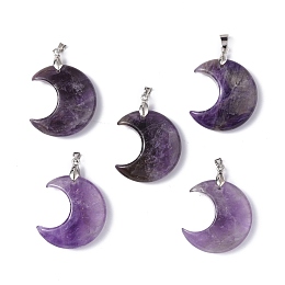 Honeyhandy Natural Amethyst Pendants, Moon Charms, with Platinum Tone Brass Findings, 35x27x10mm, Hole: 10x4mm