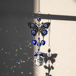 Honeyhandy Evil Eye Pendant Decorations, Alloy & Glass Hanging Suncatchers, for Home Decoration, Butterfly Pattern, 430mm