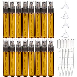 BENECREAT 16 Pack 10ml Amber Glass Spray Bottles Refillable Perfume Fine Mist Sample Bottles with 4pcs Plastic Funnels, 10pcs Plastic Droppers(3ml) for Travel, Cleaning, Essential Oils