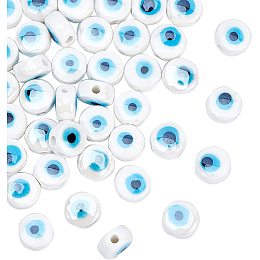 NBEADS About 40 Pcs 8mm Porcelain Ceramic Flat Evil Eye Beads 8mm, White Evil Eye Charms Glazed Porcelain Turkish Loose Beads for Bracelet Earring Necklace DIY Jewelry Making