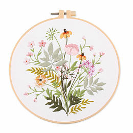 Honeyhandy DIY Flower & Leaf Pattern Embroidery Kits, Including Printed Cotton Fabric, Embroidery Thread & Needles, Imitation Bamboo Embroidery Hoop, White, 20x20cm