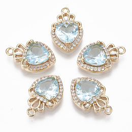 Honeyhandy Glass Pendants, with Micro Pave Cubic Zirconia and Brass Open Back Settings, Faceted, Heart with Crown, Light Gold, Light Cyan, 17.5x11.5x5.5mm, Hole: 1.4mm