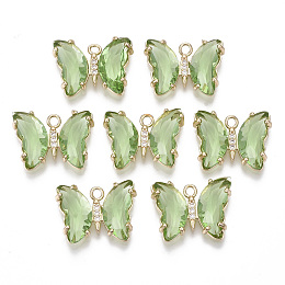 Honeyhandy Glass Pendants, with Micro Pave Cubic Zirconia and Brass Open Back Settings, Faceted, Butterfly, Light Gold, Light Green, 15.5x20x4mm, Hole: 1.8mm