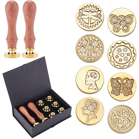 CRASPIRE Wax Seal Stamp Heads Set 8pcs Vintage Sealing Wax Stamps with 2pcs Wood Handles 25mm Round Removable Brass Head Sealing Stamp for Wedding Invitation-Gear Series