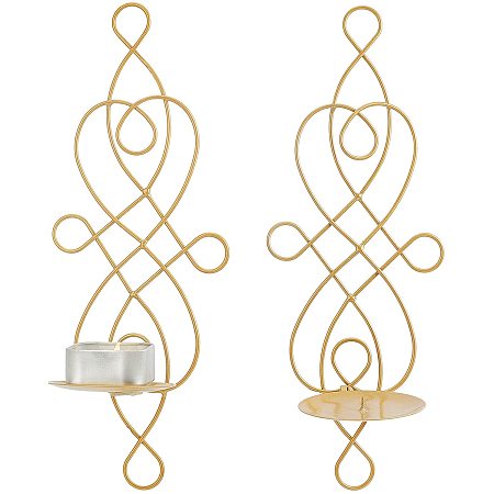 AHANDMAKER 2 Pcs Hanging Candle Holder Wall Sconce, Pair of Iron Mounted Pillar Decorative Hollow Candle Sconces for Home Wall Wedding Party Decor, Gold
