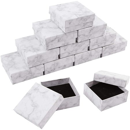 BENECREAT 16 Pack Marble White Square Cardboard Jewelry Gift Boxes 3.3x3.3x1.5 Inch Ring Earring Necklace Jewelry Box with Sponge Insert for Valentine's Day, Anniversaries, Weddings