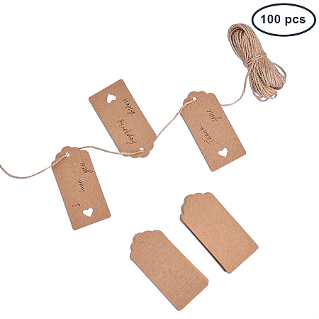 PandaHall Elite 100PCS Brown Kraft Gift Tags Blank Paper Hang Tags Price Tags with 65 Feet String for Wedding Christmas Day Thanksgiving DIY Craft(95x45mm)