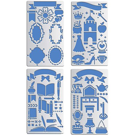 BENECREAT 4 PCS 4x7 Inch Mixed Hollowing Metal Stencils Journal Stencil Template for Wood carving, Drawings and Woodburning, Engraving and Scrapbooking Project
