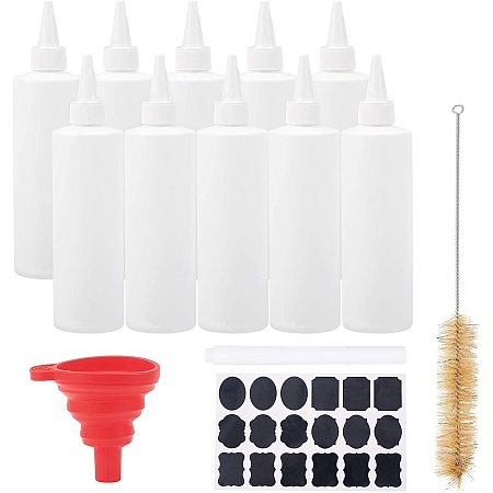 BENECREAT 8 Packs 8oz/250ml Large Plastic Squeeze Dispensing Bottles White Cap Tip Applicator Bottles with Silicone Funnels, Brush, Label, Marker Pen for Glue, Acrylic Paint, Art and Crafting Project