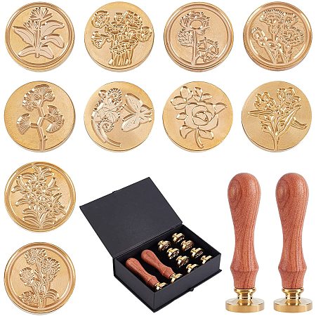 CRASPIRE Wax Seal Stamp Set, 10 Pieces Vintage Sealing Wax Stamps Copper Seals 2 Wooden Handle, Wax Stamp Kit for Wedding Invitations Cards Envelopes Wine Packages-Flower Series