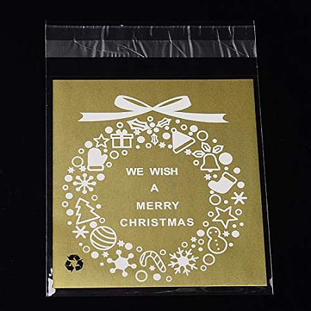 NBEADS 1 Bag (About 95~100pcs/bag) 5.5x3.9 inch Goldenrod Rectangle OPP Cellophane Bags Wreath Pattern Self Adhesive Sealing Bags Christmas