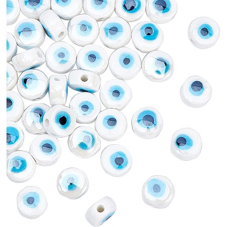 NBEADS About 40 Pcs 8mm Porcelain Ceramic Flat Evil Eye Beads 8mm, White Evil Eye Charms Glazed Porcelain Turkish Loose Beads for Bracelet Earring Necklace DIY Jewelry Making