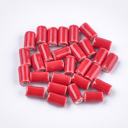Honeyhandy Handmade Porcelain Beads, Bright Glazed Porcelain Style, Column, Red, 10~10.5x6mm, Hole: 2mm