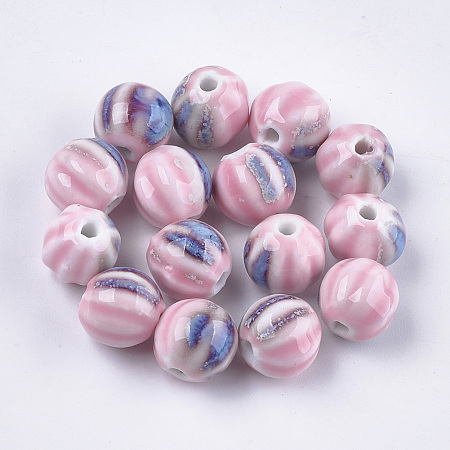 Honeyhandy Handmade Porcelain Beads, Fancy Antique Glazed Porcelain, Round, Pink, 11~12x10~11x10~10.5mm, Hole: 2~2.5mm