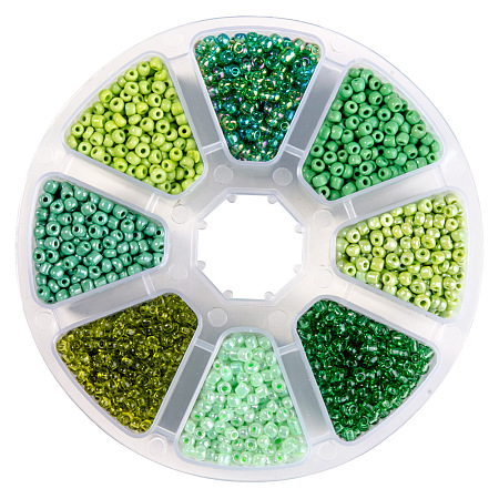 PandaHall Elite® Mixed Green Style 8/0 Diameter 3mm Round Glass Seed Beads with Box Set Value Pack, about 3600pcs/box