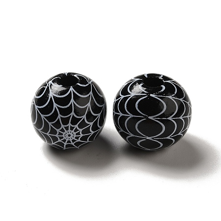 Honeyhandy Halloween Printed Spider Webs Colored Wood European Beads, Large Hole Beads, Round, Black, 16mm, Hole: 4mm