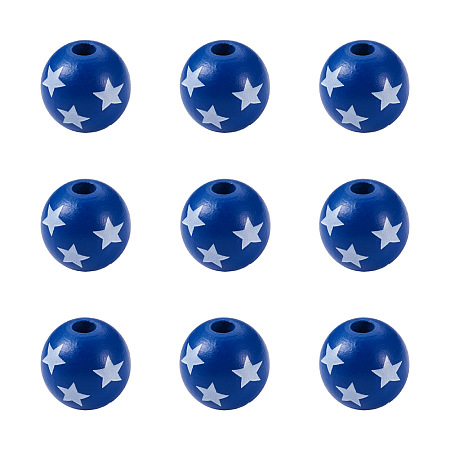 Honeyhandy Natural Wooden Beads, DIY Jewelry Accessories, Round with Star Pattern, Blue, 5/8 inch(16mm), Hole: 4mm