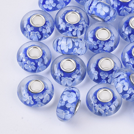 ARRICRAFT Handmade Lampwork European Beads, Inner Flower, Large Hole Beads, with Platinum Color Brass Single Cores, Rondelle, Royal Blue, 14x7.5mm, Hole: 4mm