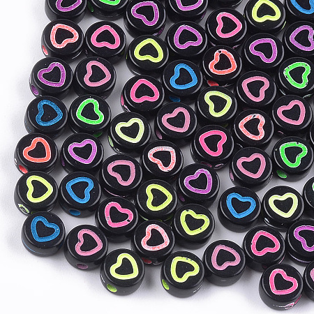 Arricraft Craft Style Acrylic Beads, Flat Round with Heart, Mixed Color, 7x3.5mm, Hole: 1.5mm, about 400~440pcs/50g
