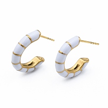 Honeyhandy Enamel C-shape Stud Earrings, Gold Plated 304 Stainless Steel Half Hoop Earrings for Women, with Ear Nuts, White, 18x16x3.5mm, Pin: 0.8mm