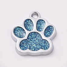 Honeyhandy Alloy Enamel Charms, with Glitter Powder, Dog Paw Prints, Platinum, Steel Blue, 17.7x16.6x2mm, Hole: 2mm