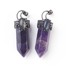 Honeyhandy Natural Amethyst Big Pendants, Pointed Pendant, with Brass Findings and Oval Natural Labradorite Cabochons, Faceted, Bullet, Antique Silver, 60~62x20x23~24mm, Hole: 5.5x7mm