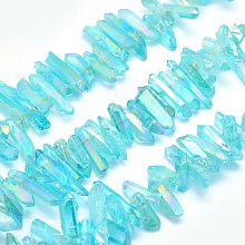 Honeyhandy Electroplated Natural Quartz Crystal Beads Strands, Dyed, Nuggets, Rainbow Plated, Cyan, 20~39x5~12mm, Hole: 1~1.5mm, about 15.7 inch(40cm).