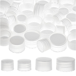 BENECREAT 56Pcs Clear Plastic Screw Caps with Foam Liner, 4 Style 18mm/24mm/28mm Flat Round Bottle Jug Storage Cap Lids for Jars and Bottles with Threads