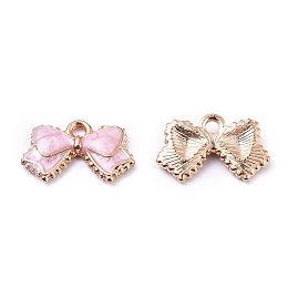 Honeyhandy Alloy Enamel Charms, Bowknot, Light Gold, Pink, 9.5x15.5x2.5mm, Hole: 1.5mm