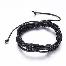 Honeyhandy Adjustable Braided Cowhide Leather and Waxed Cord Multi-Strand Bracelets, Black, 2-1/8 inch~3-1/8 inch(55~80mm)